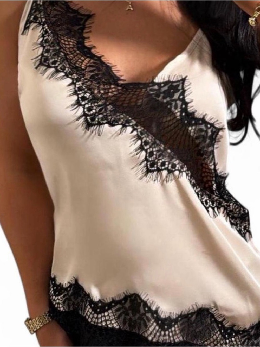Cream Silk-Feel Ivory Lace Trim Cami Top with Black Lace